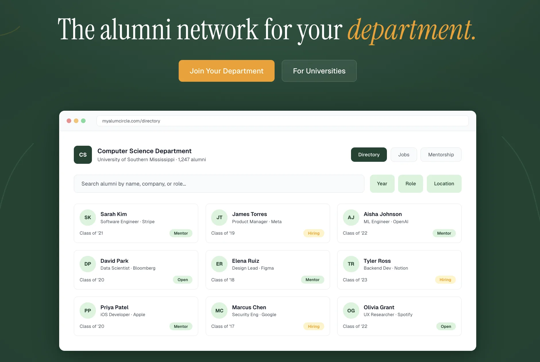 MyAlumCircle alumni directory for the Computer Science department